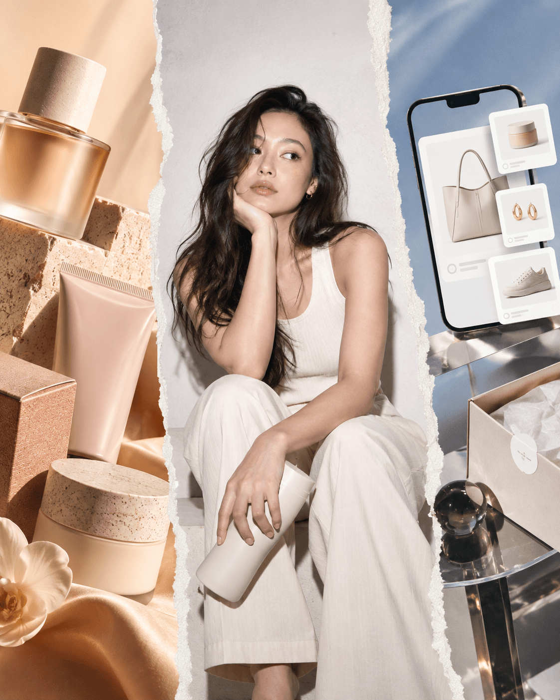 Colagem de marca, produto e vitrine: cosméticos, retrato editorial e loja no celular