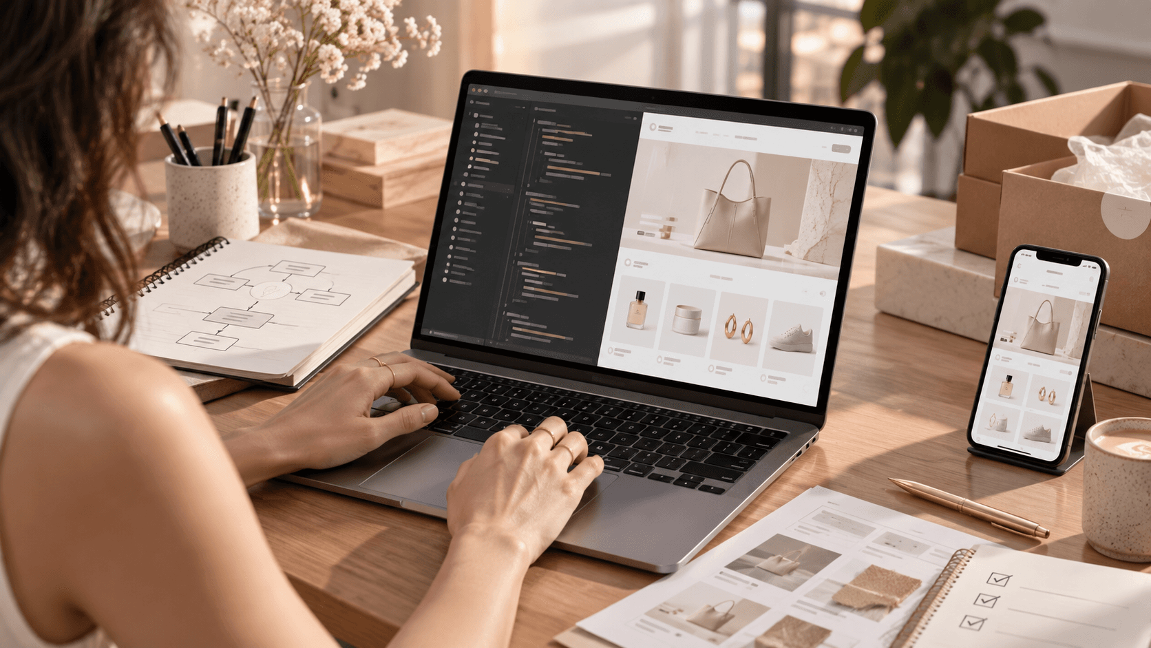 Montagem da loja Shopify no notebook, com vitrine, produto e celular na mesma mesa