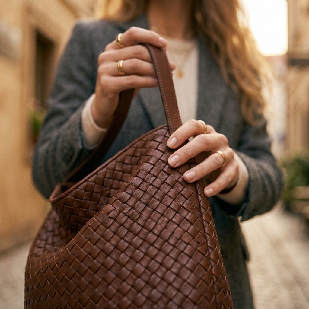 Bolsa em couro na vitrine da Bellavéa